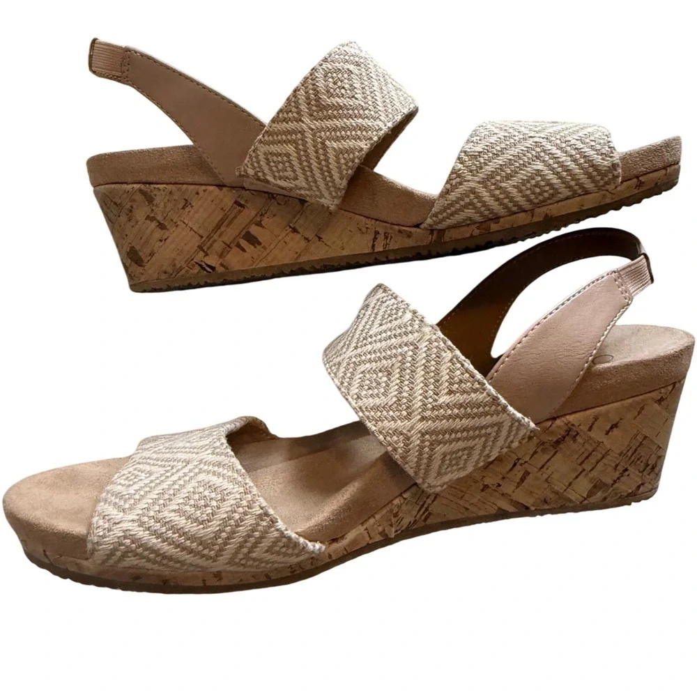LifeStride Beige Herringbone Cork Wedge Sandals 9M - Pre-Loved Ready‎ for Summer